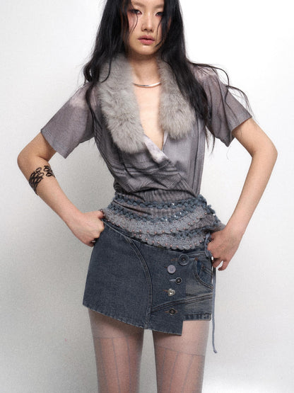 Flowers birds Market Cotton Denim Stretch Low Waist Culottes