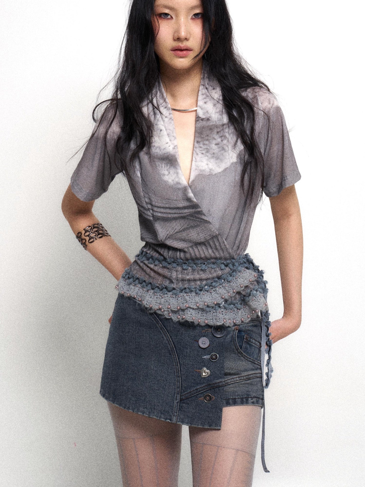 Flowers birds Market Cotton Denim Stretch Low Waist Culottes