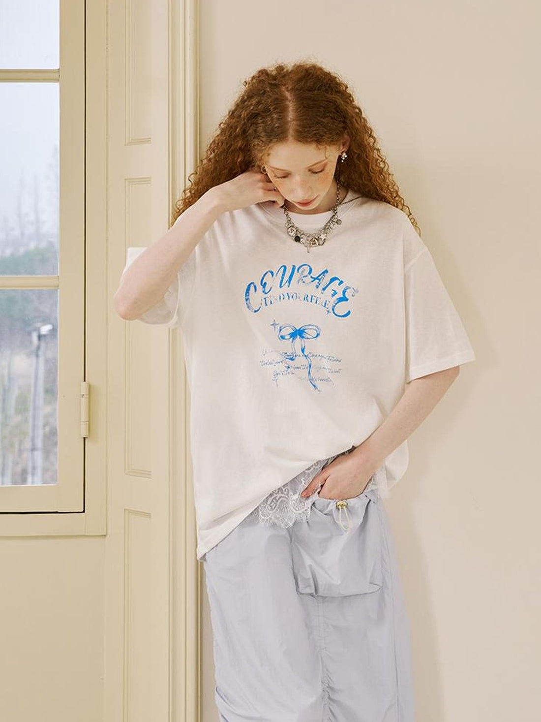 DIDDI MODA Courage Bow Print Tee Vintage Lettering Feminine Chic
