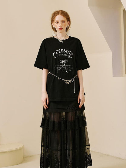 DIDDI MODA Courage Bow Print Tee Vintage Lettering Feminine Chic