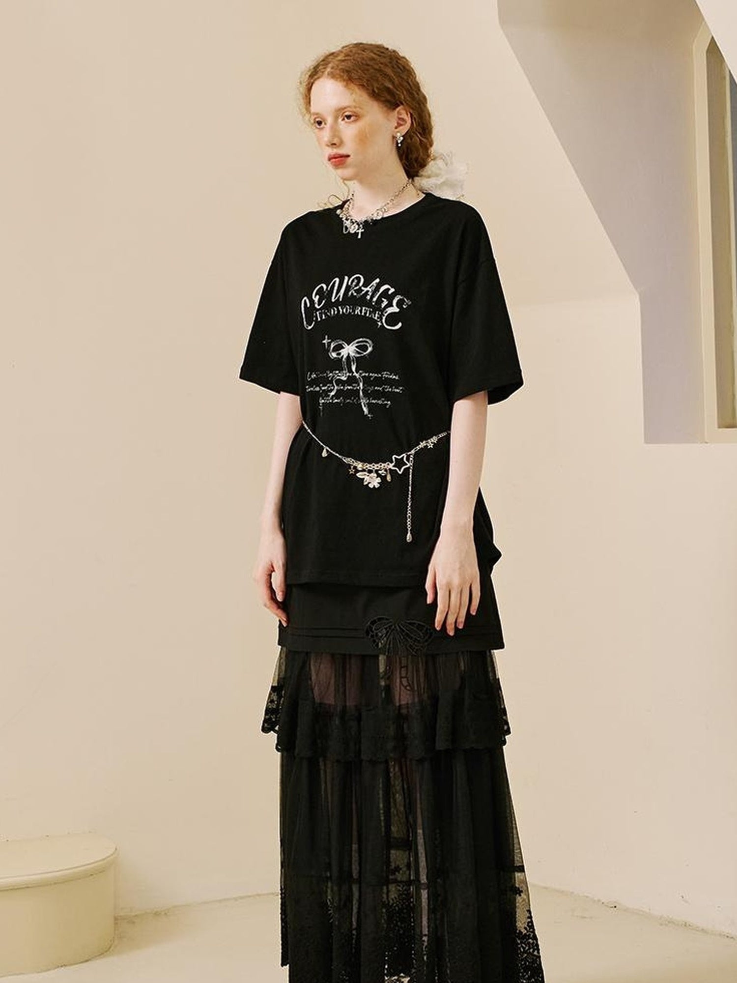 DIDDI MODA Courage Bow Print Tee Vintage Lettering Feminine Chic