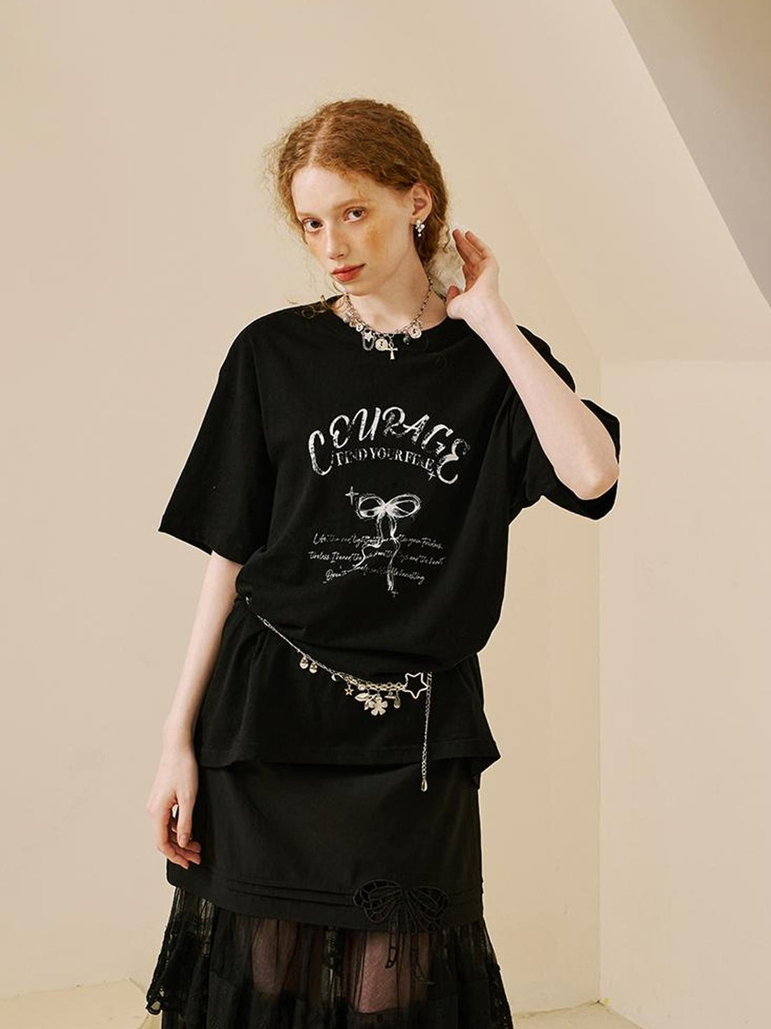 DIDDI MODA Courage Bow Print Tee Vintage Lettering Feminine Chic