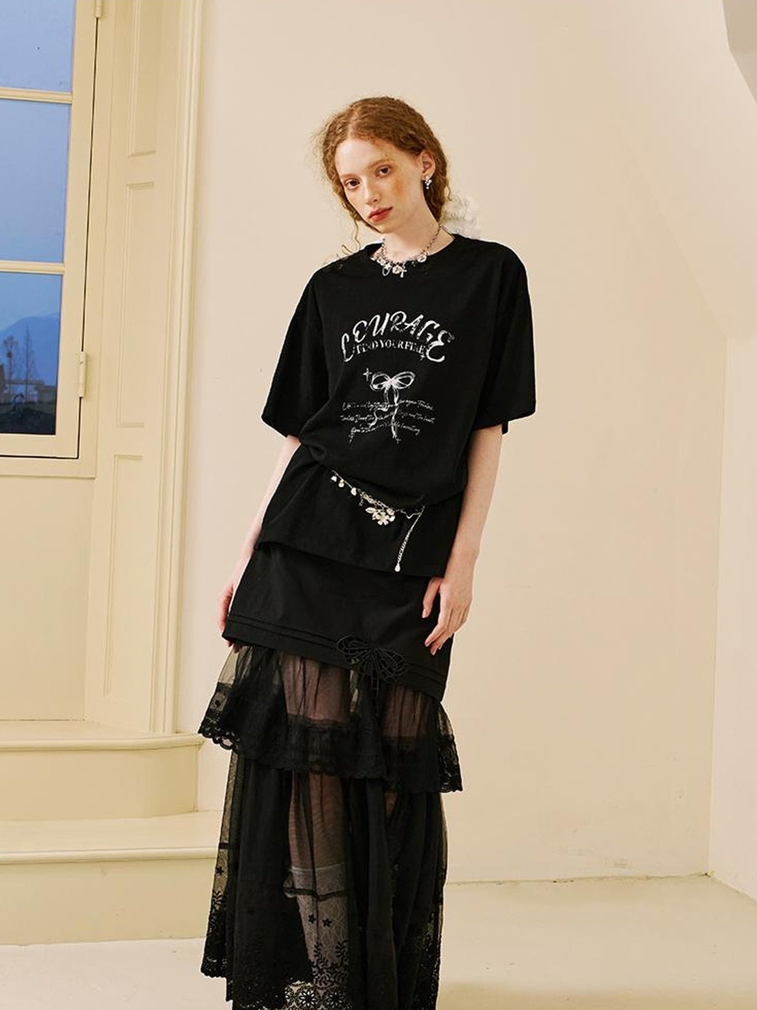 DIDDI MODA Courage Bow Print Tee Vintage Lettering Feminine Chic