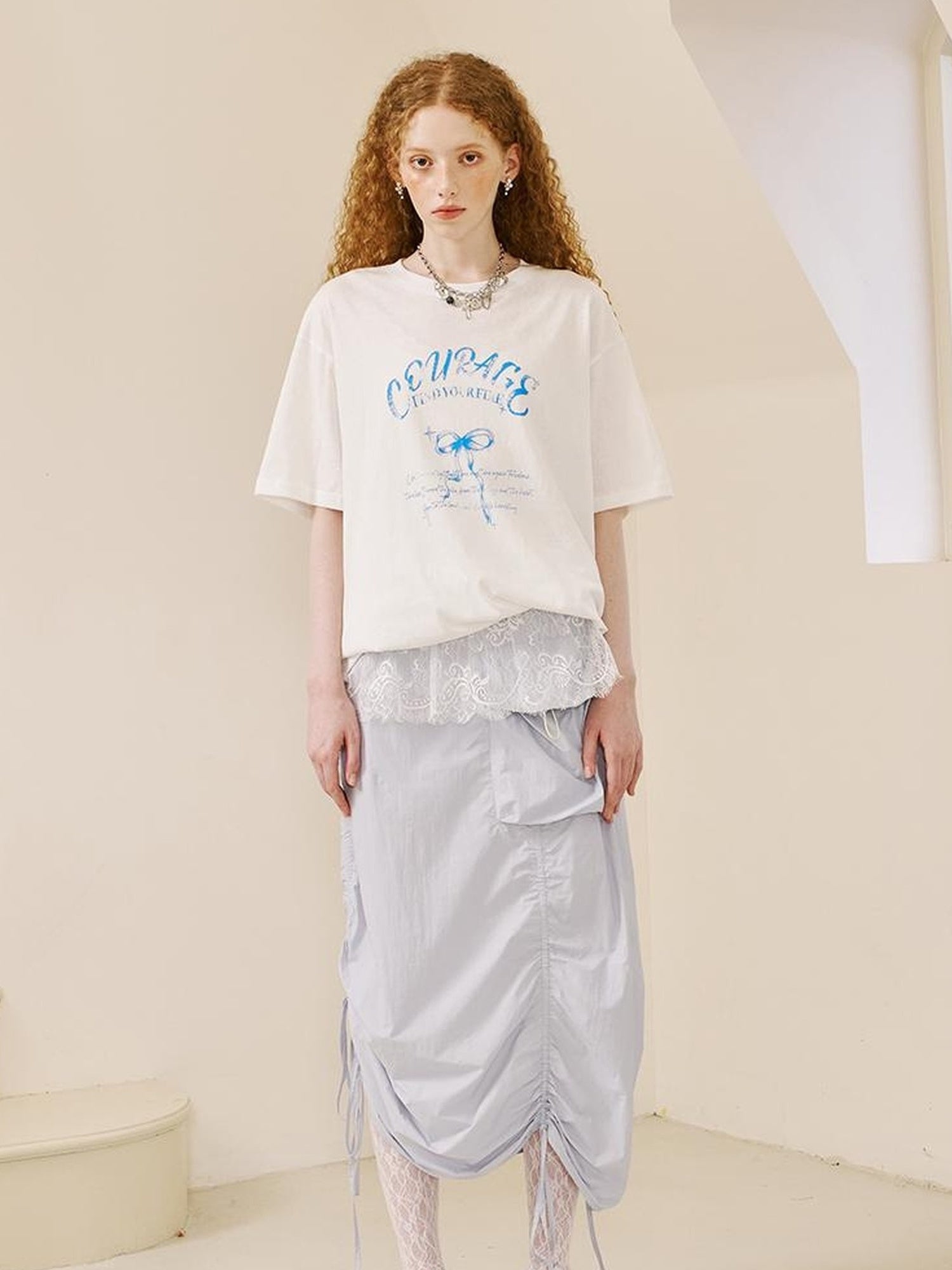 DIDDI MODA Courage Bow Print Tee Vintage Lettering Feminine Chic