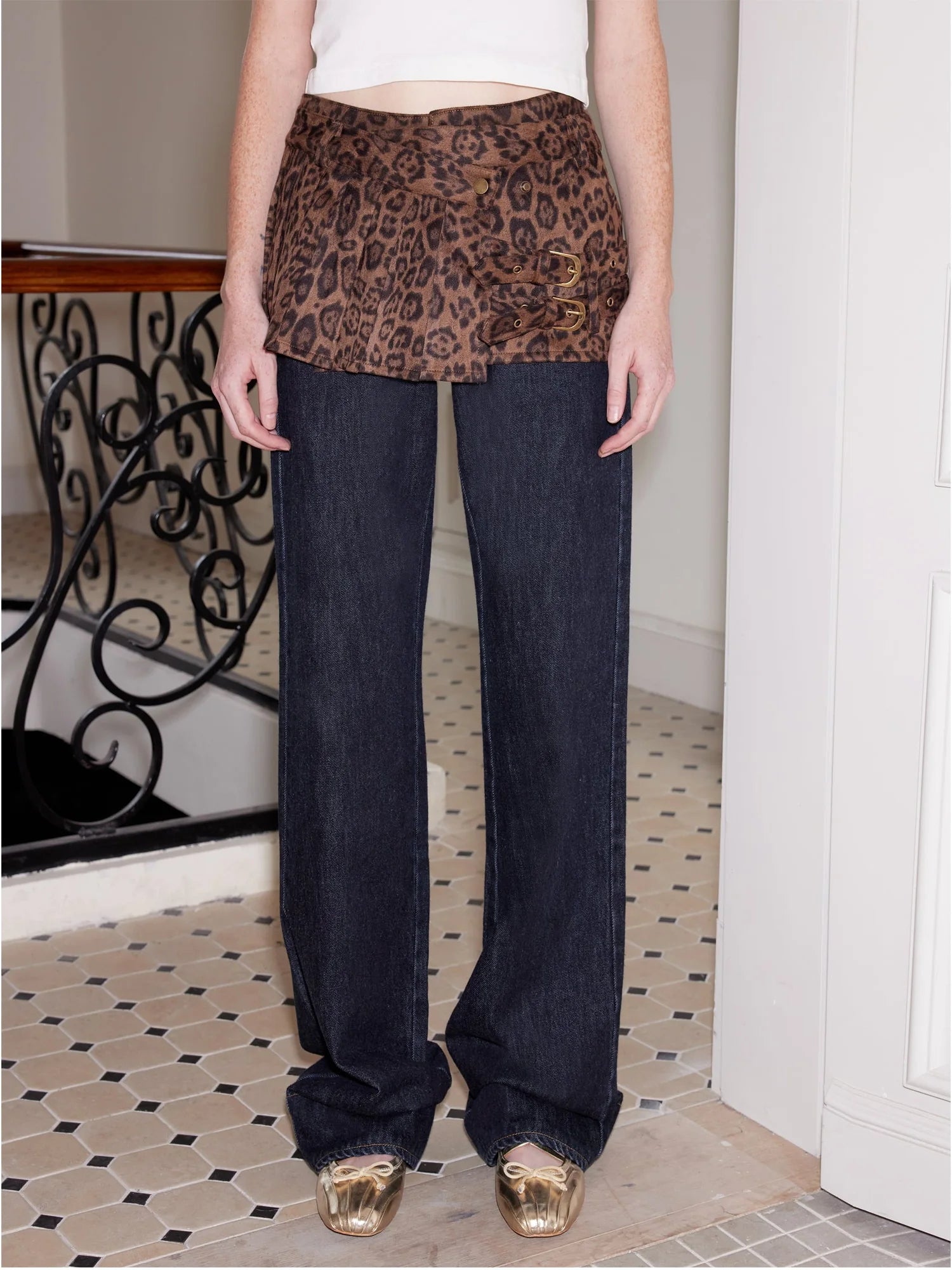 Flared Patchwork Leopard Check Lace Trim Denim With Detachable Skirt