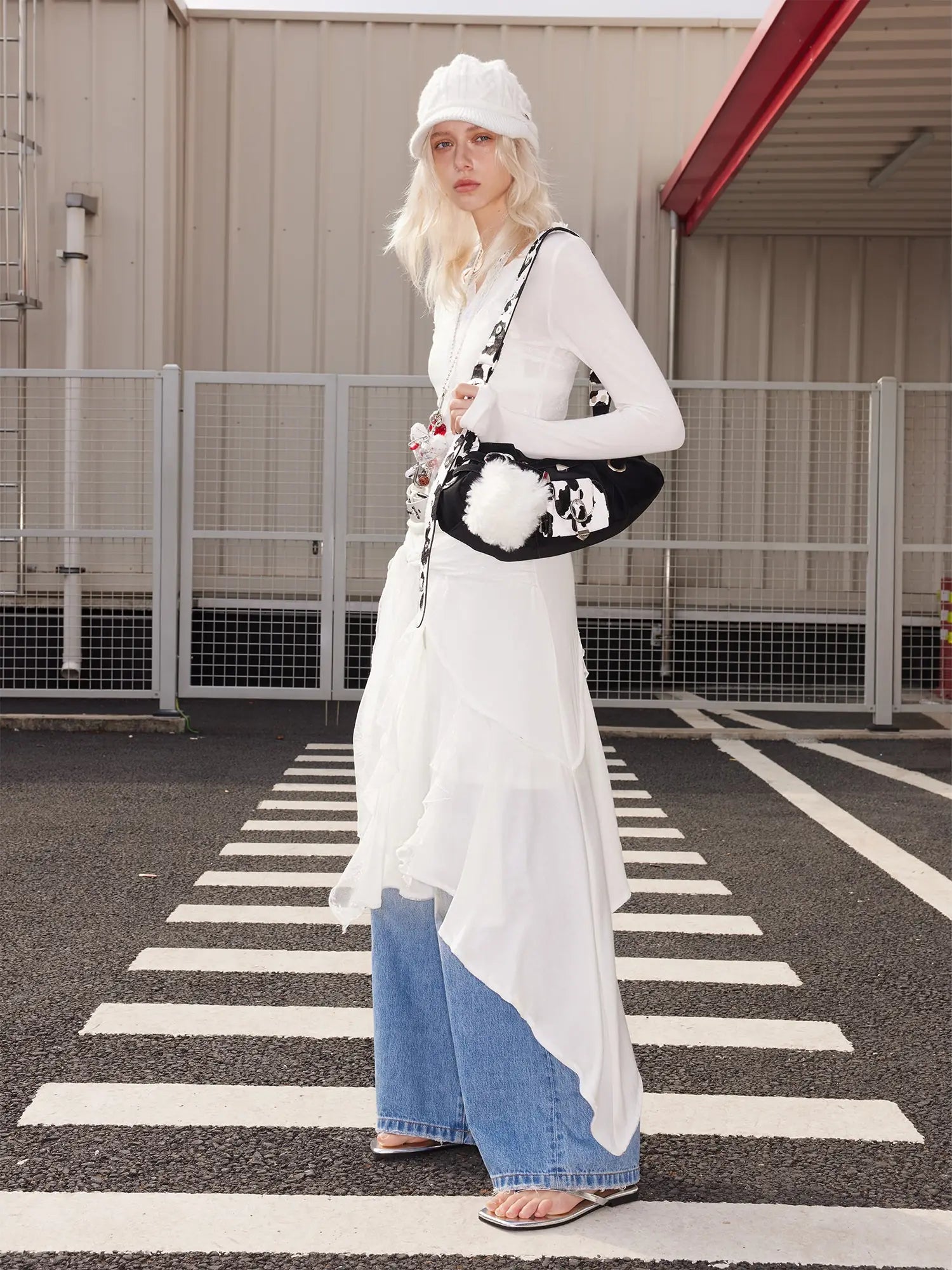 Punk Studded Horsehair Leather Crossbody Bag With Detachable Keychain