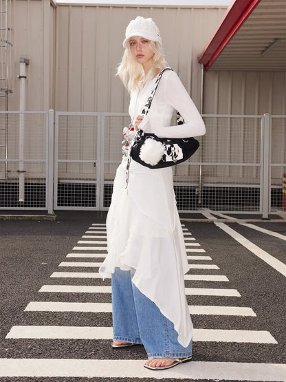 Punk Studded Horsehair Leather Crossbody Bag With Detachable Keychain