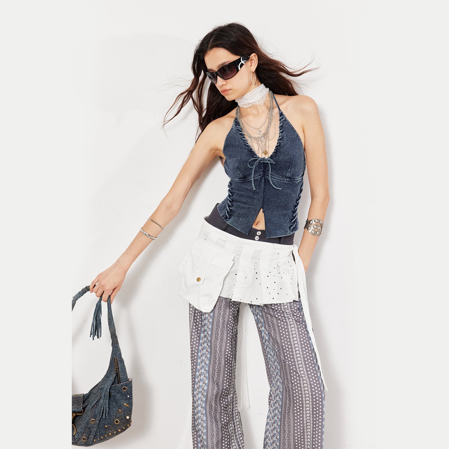 2th Desire Stretch Washed Distressed Denim Cross Back Lace Up Bralette Top