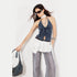 2th Desire Stretch Washed Distressed Denim Cross Back Lace Up Bralette Top