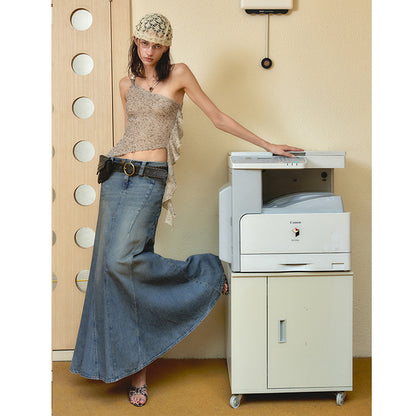 2th Desire Vintage Washed Blue Denim Mermaid Maxi Skirt with Belt