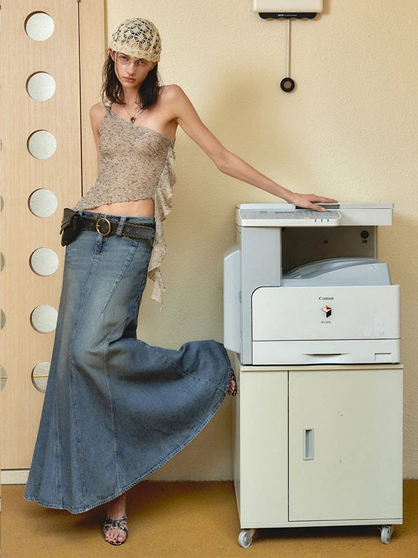 Vintage Washed Blue Denim Mermaid Maxi Skirt with Belt