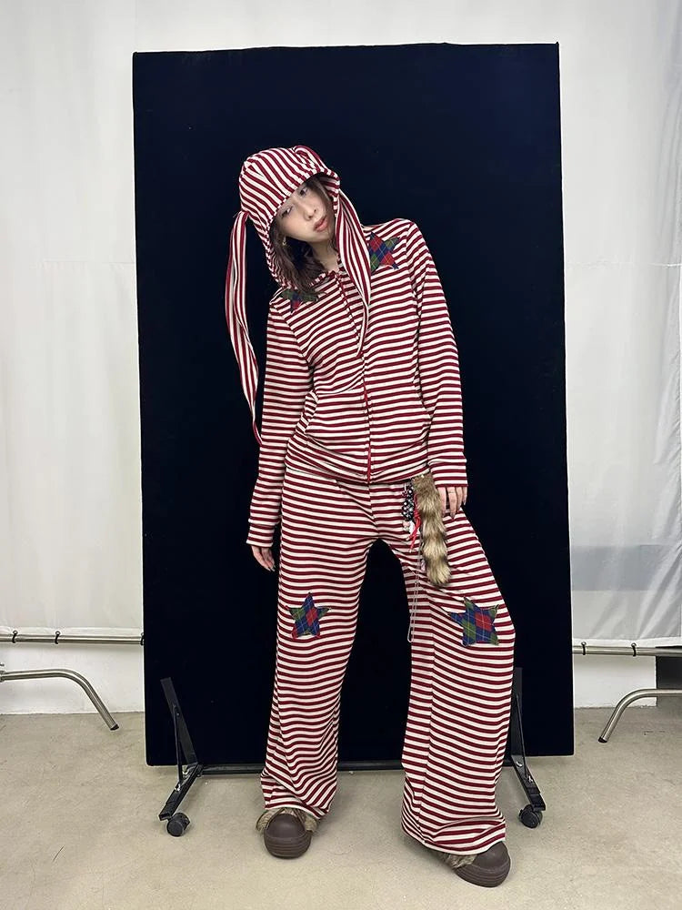 Cozy Bunny Ears Hoodie Red Grey Stripes Pajama Set