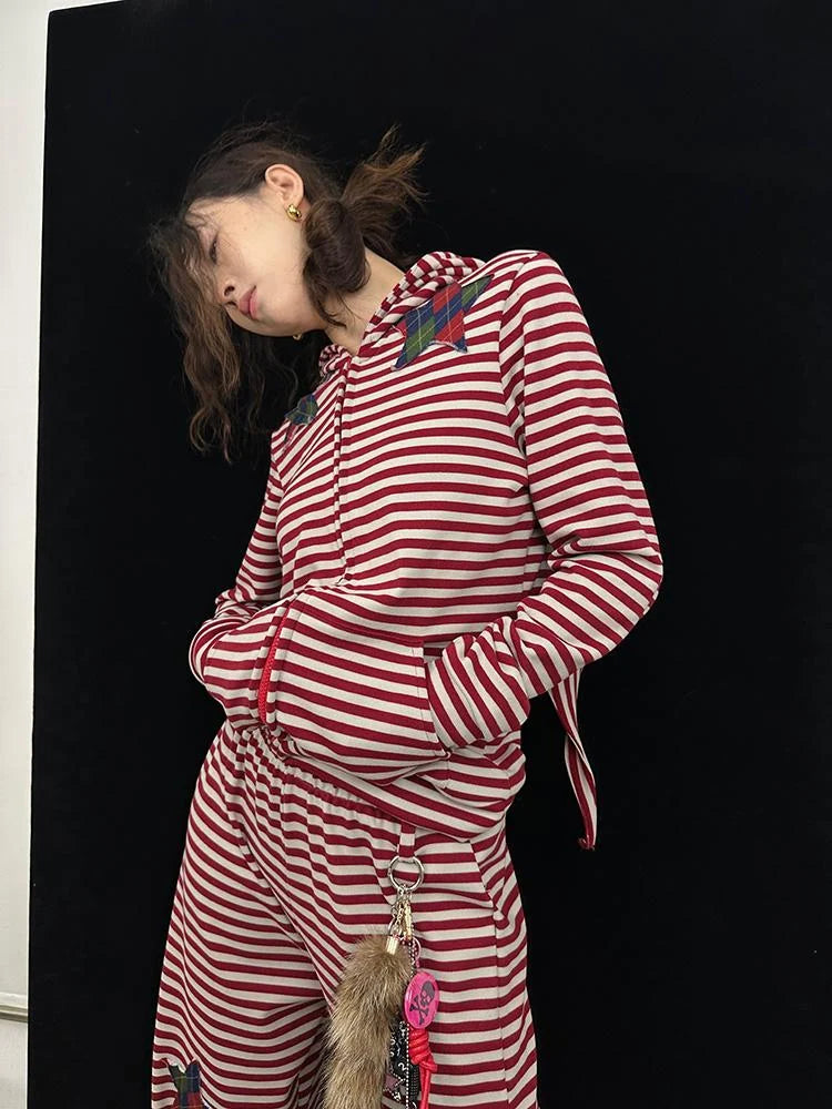 Cozy Bunny Ears Hoodie Red Grey Stripes Pajama Set