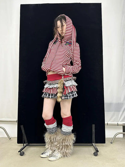 Cozy Bunny Ears Hoodie Red Grey Stripes Pajama Set