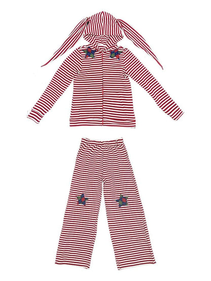 Cozy Bunny Ears Hoodie Red Grey Stripes Pajama Set