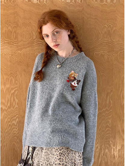 DIDDI MODA Cozy Cat Scarf Embroidery Knit Sweater