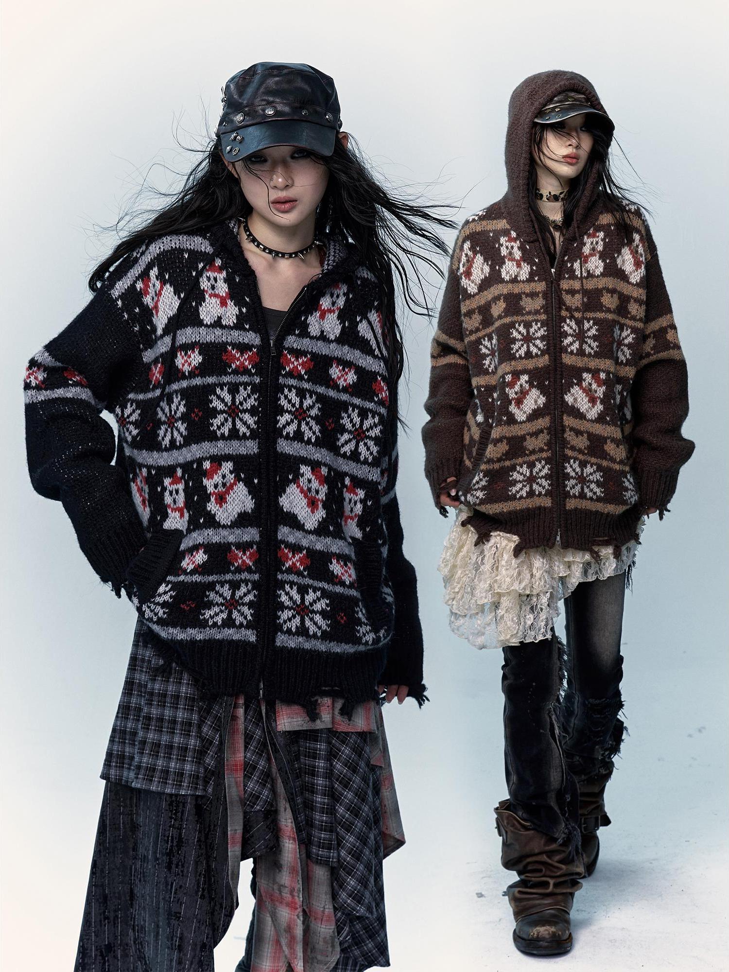 NO ROMANCE Cozy Fair Isle Mohair Wool Knit Cardigan Sweater