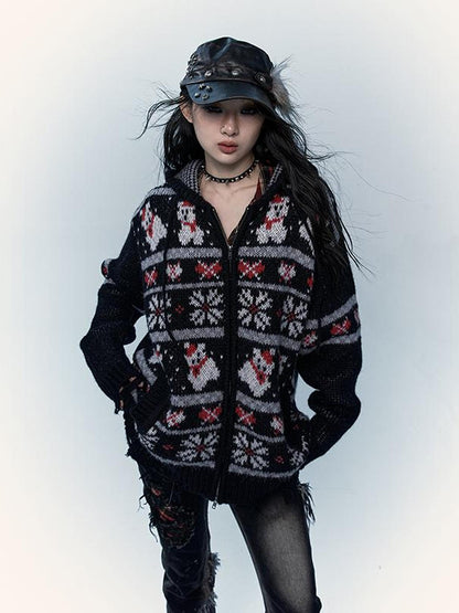 NO ROMANCE Cozy Fair Isle Mohair Wool Knit Cardigan Sweater