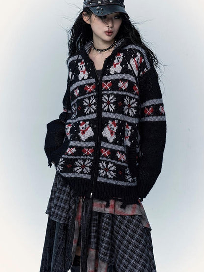 NO ROMANCE Cozy Fair Isle Mohair Wool Knit Cardigan Sweater