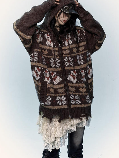 NO ROMANCE Cozy Fair Isle Mohair Wool Knit Cardigan Sweater
