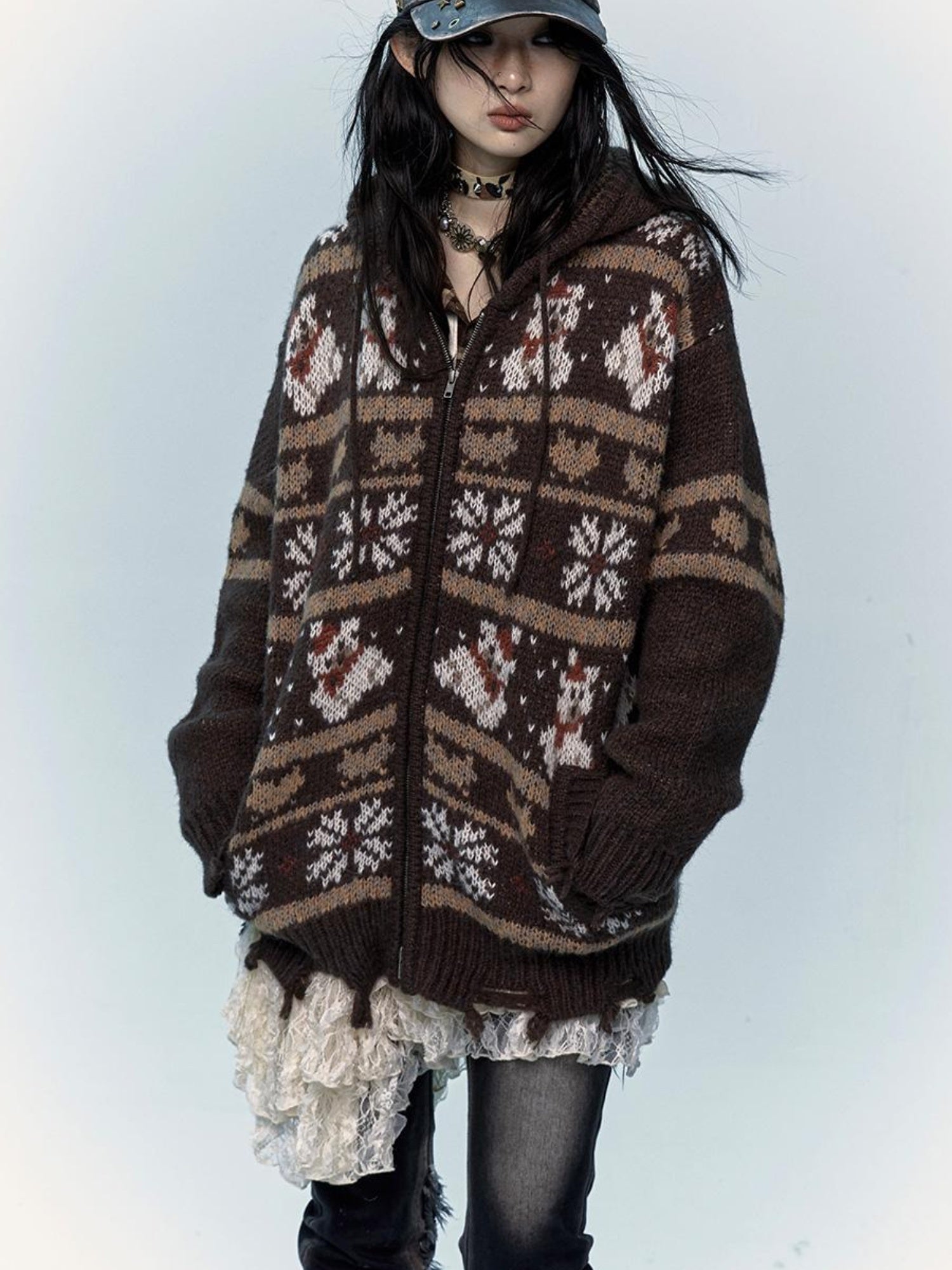 NO ROMANCE Cozy Fair Isle Mohair Wool Knit Cardigan Sweater