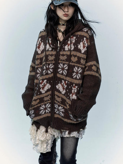 NO ROMANCE Cozy Fair Isle Mohair Wool Knit Cardigan Sweater