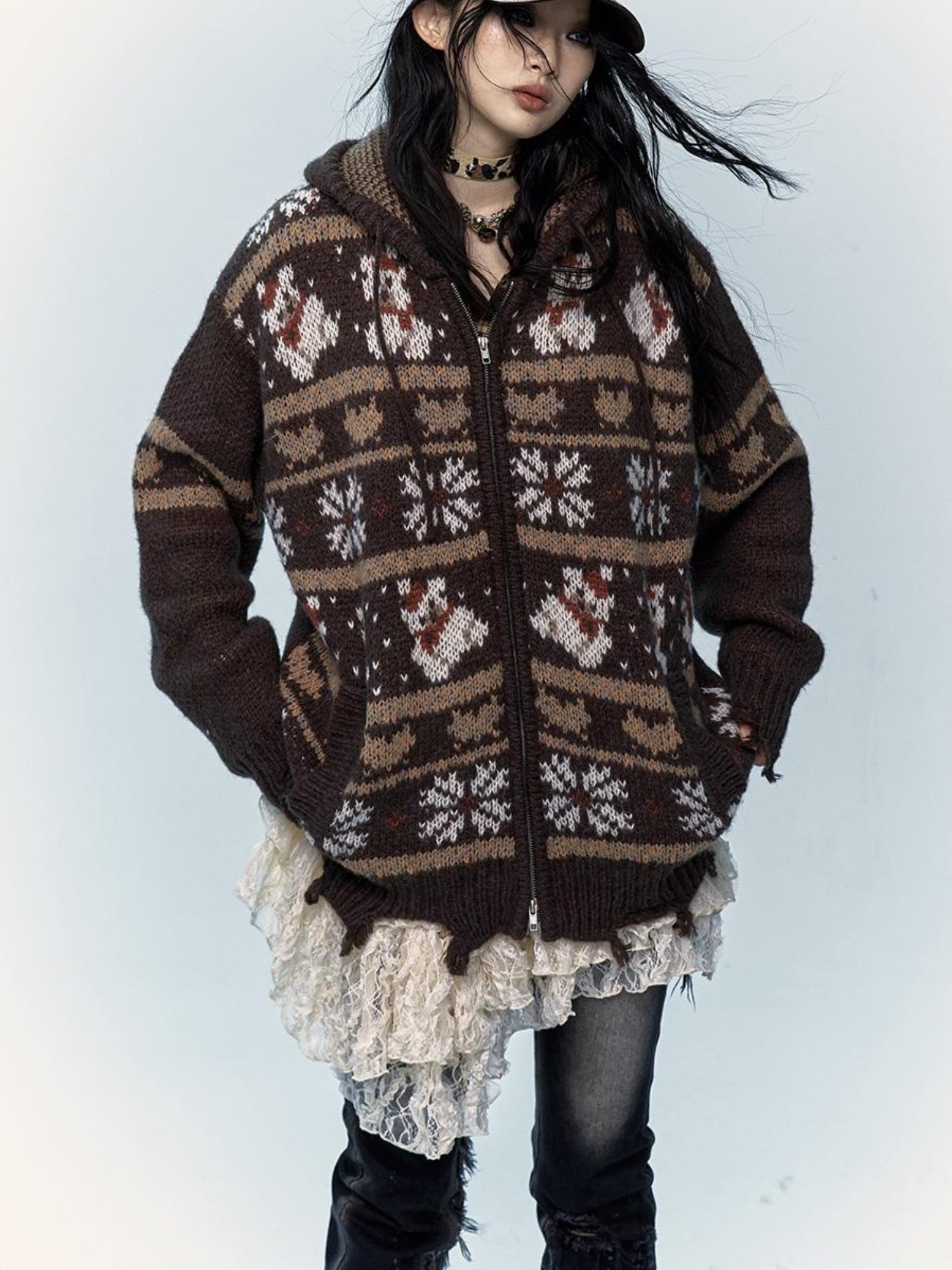 NO ROMANCE Cozy Fair Isle Mohair Wool Knit Cardigan Sweater