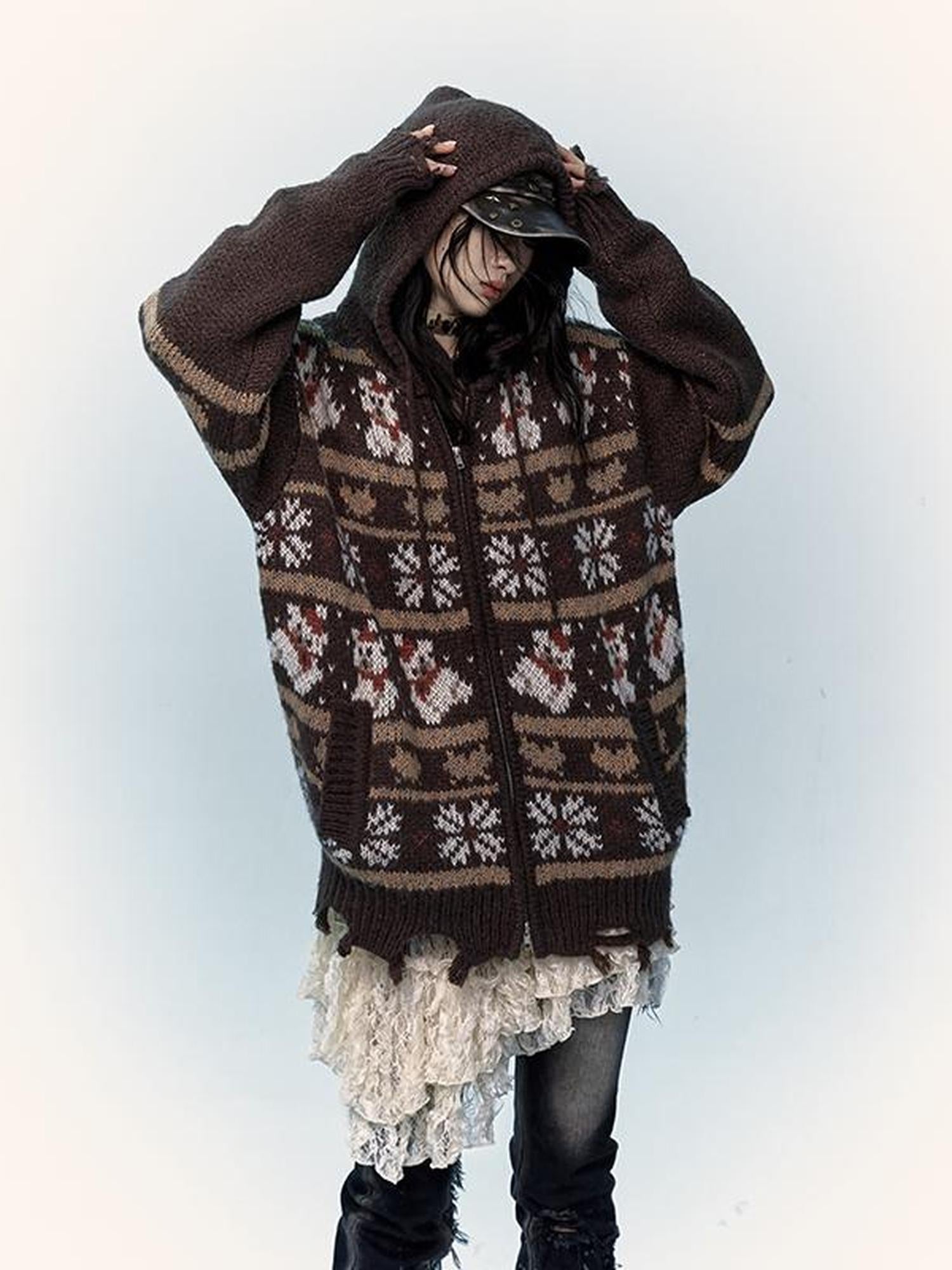 NO ROMANCE Cozy Fair Isle Mohair Wool Knit Cardigan Sweater