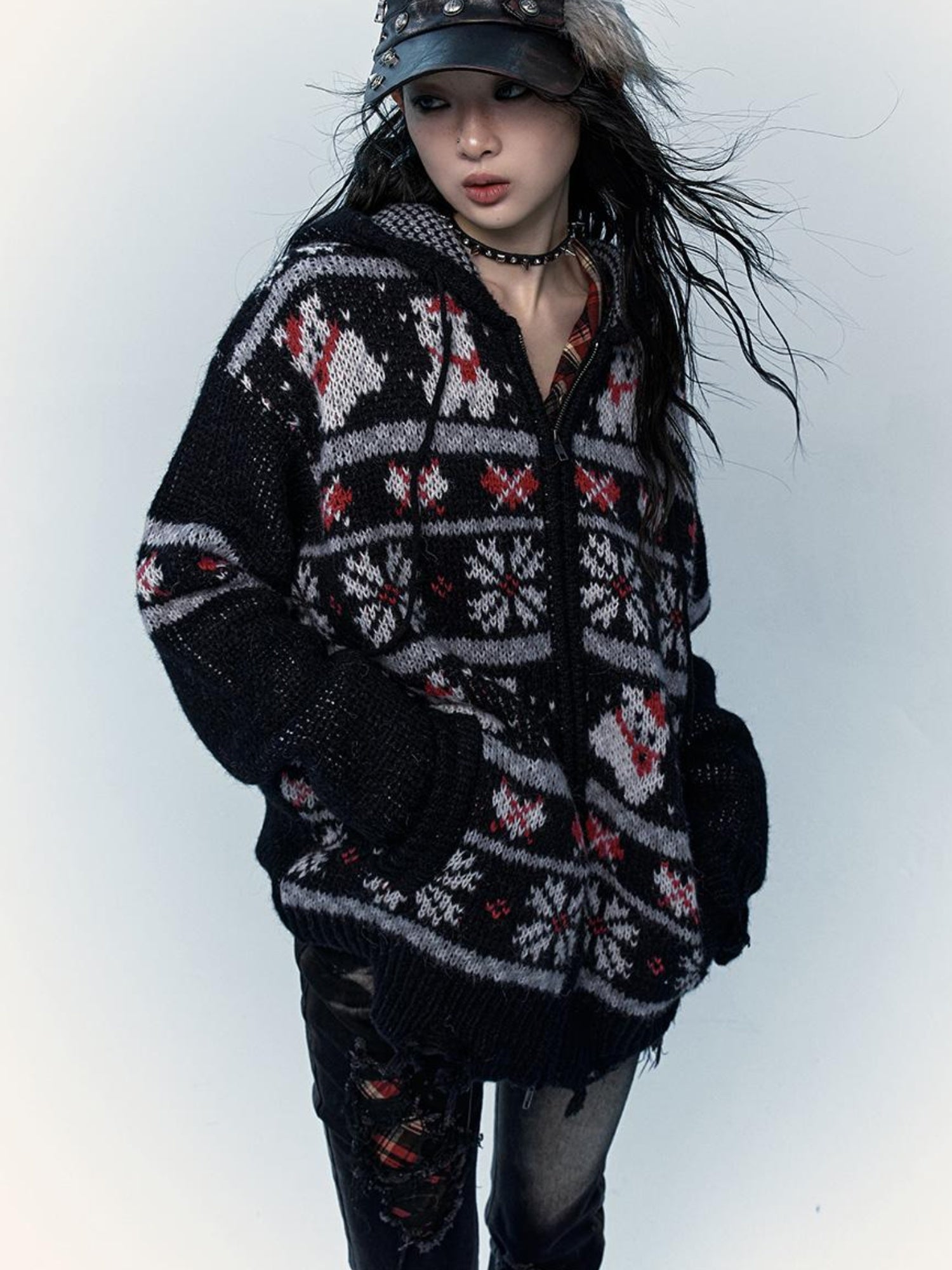 NO ROMANCE Cozy Fair Isle Mohair Wool Knit Cardigan Sweater