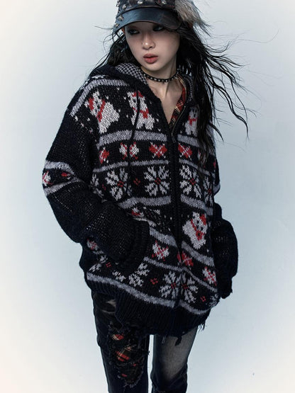 NO ROMANCE Cozy Fair Isle Mohair Wool Knit Cardigan Sweater