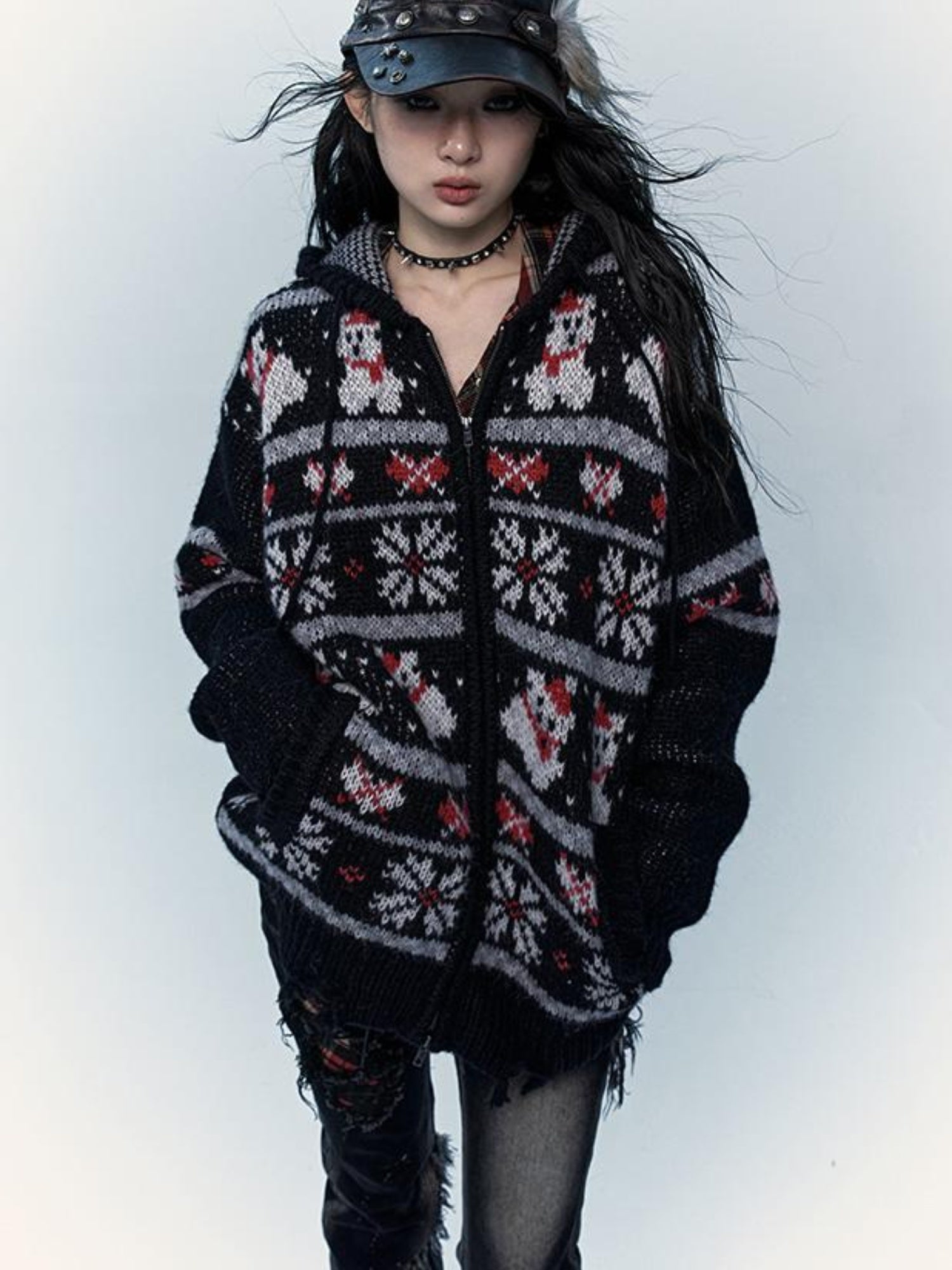 NO ROMANCE Cozy Fair Isle Mohair Wool Knit Cardigan Sweater