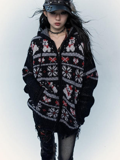 NO ROMANCE Cozy Fair Isle Mohair Wool Knit Cardigan Sweater