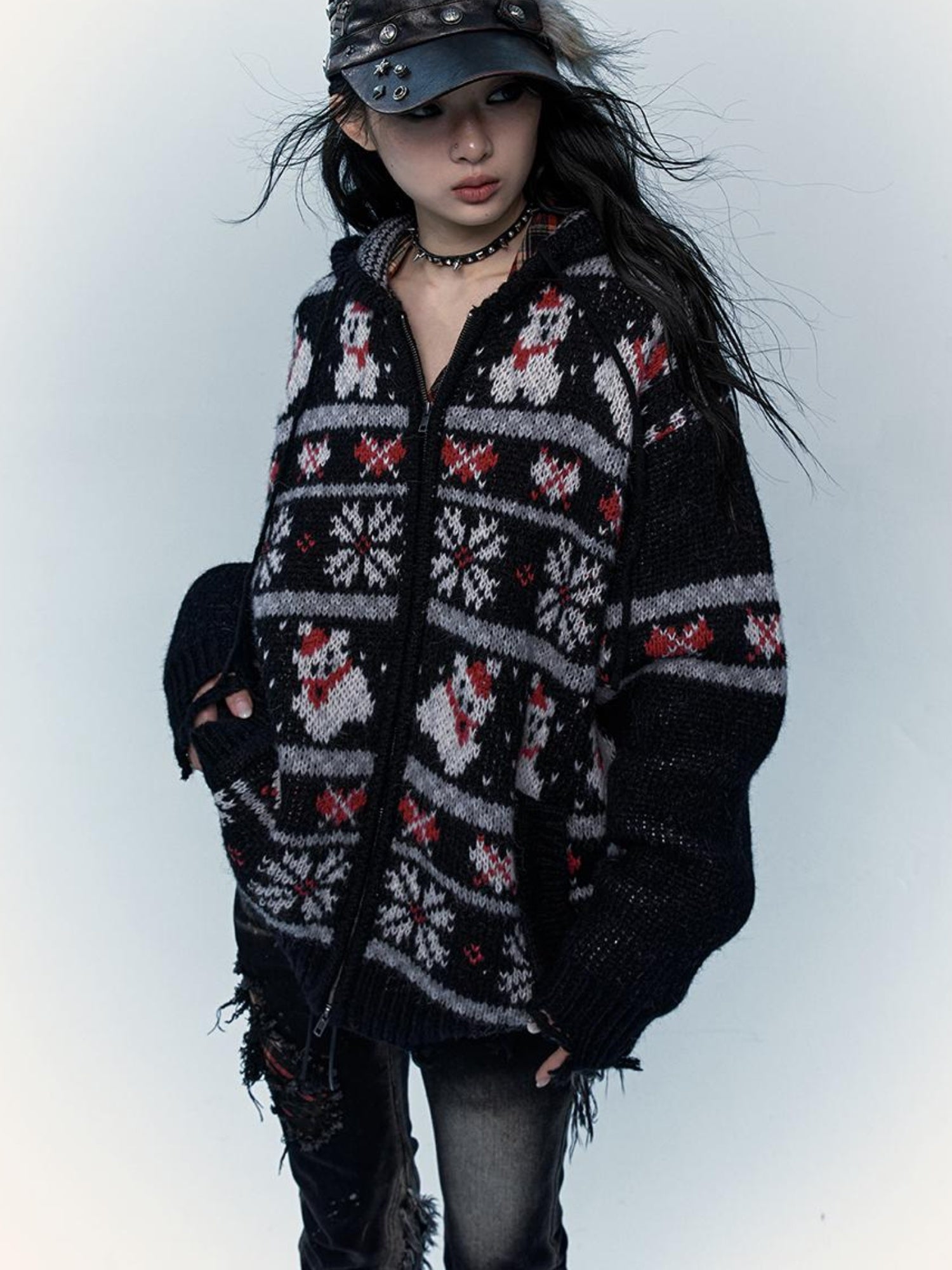 NO ROMANCE Cozy Fair Isle Mohair Wool Knit Cardigan Sweater