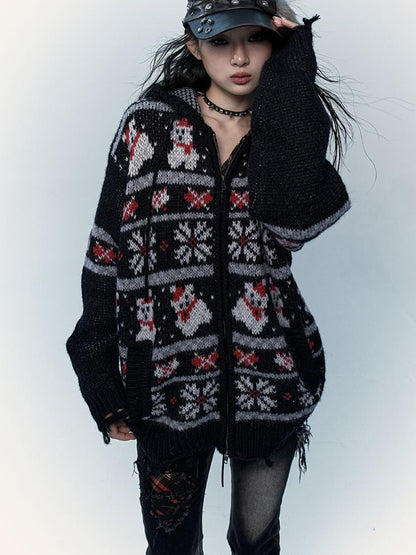 NO ROMANCE Cozy Fair Isle Mohair Wool Knit Cardigan Sweater