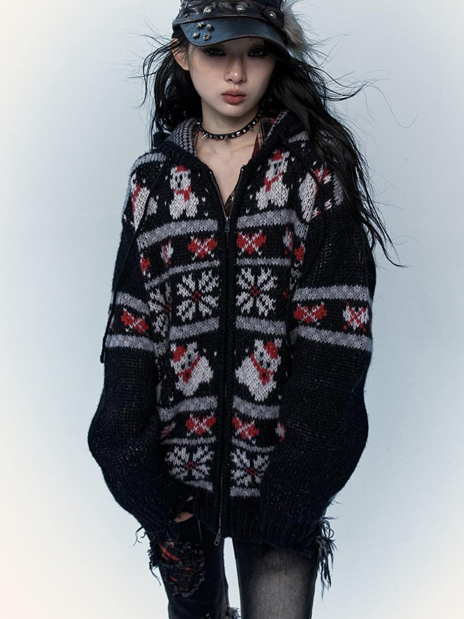 NO ROMANCE Cozy Fair Isle Mohair Wool Knit Cardigan Sweater