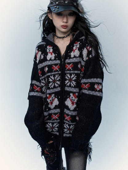 NO ROMANCE Cozy Fair Isle Mohair Wool Knit Cardigan Sweater