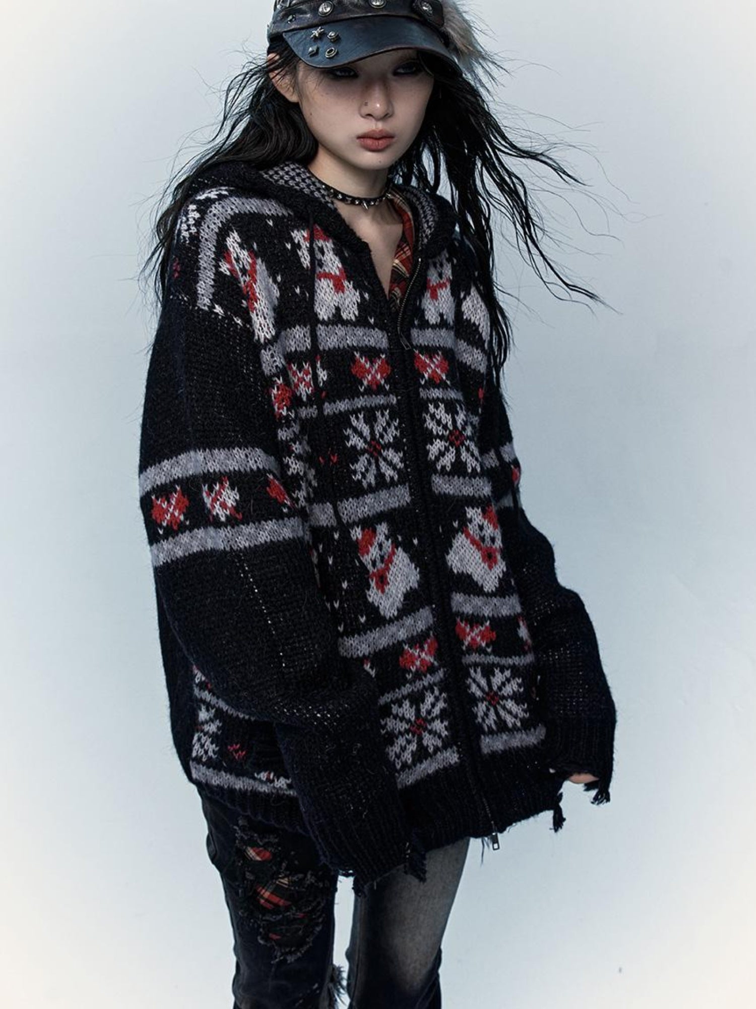 NO ROMANCE Cozy Fair Isle Mohair Wool Knit Cardigan Sweater