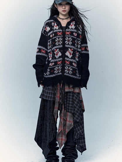NO ROMANCE Cozy Fair Isle Mohair Wool Knit Cardigan Sweater