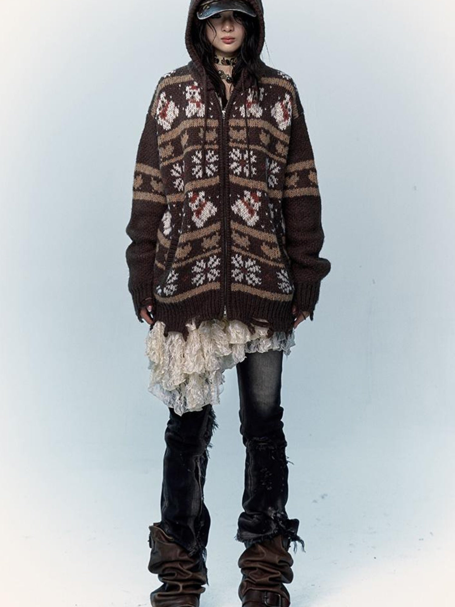 NO ROMANCE Cozy Fair Isle Mohair Wool Knit Cardigan Sweater