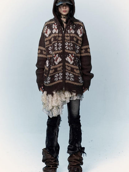 NO ROMANCE Cozy Fair Isle Mohair Wool Knit Cardigan Sweater