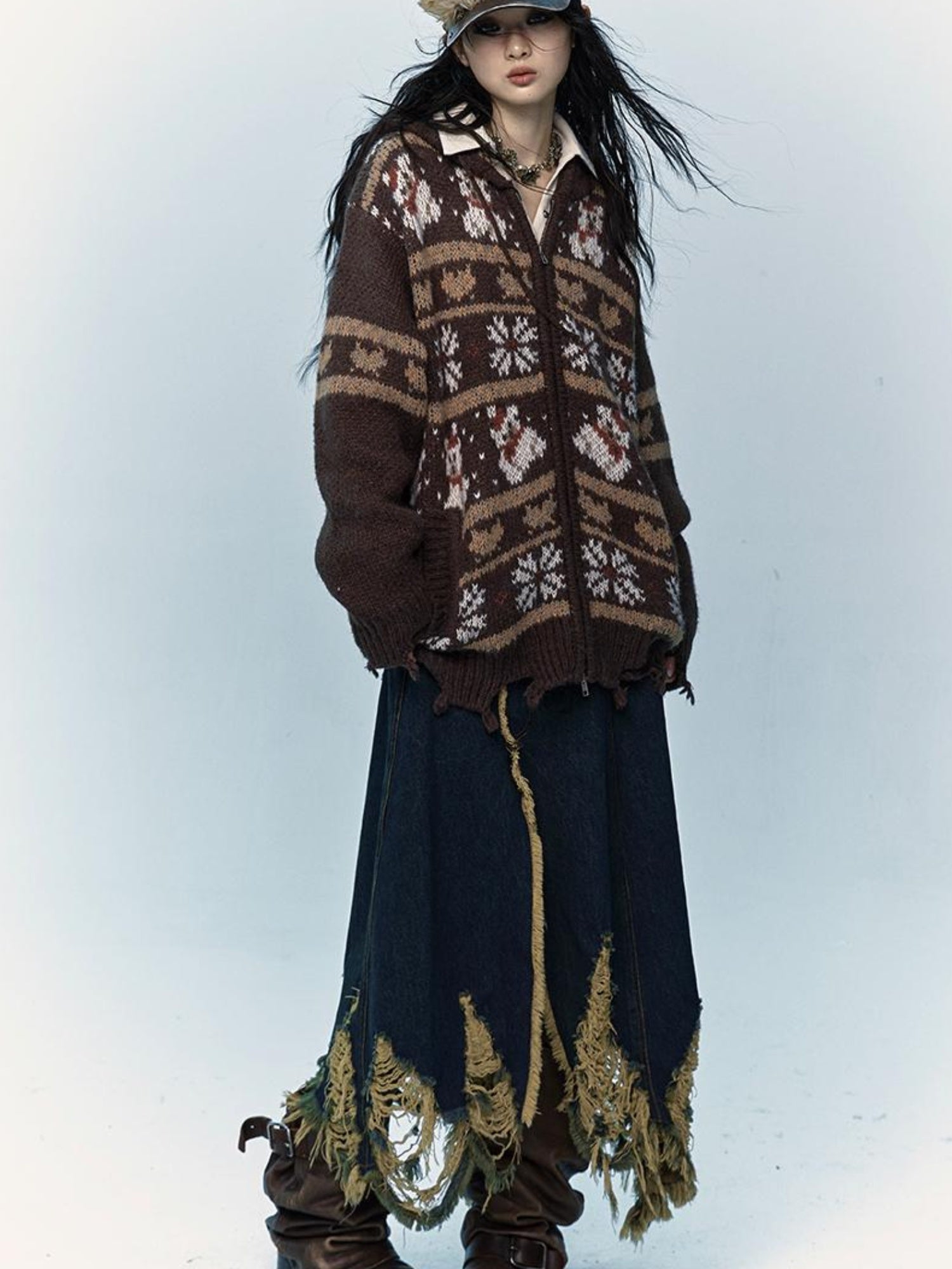NO ROMANCE Cozy Fair Isle Mohair Wool Knit Cardigan Sweater