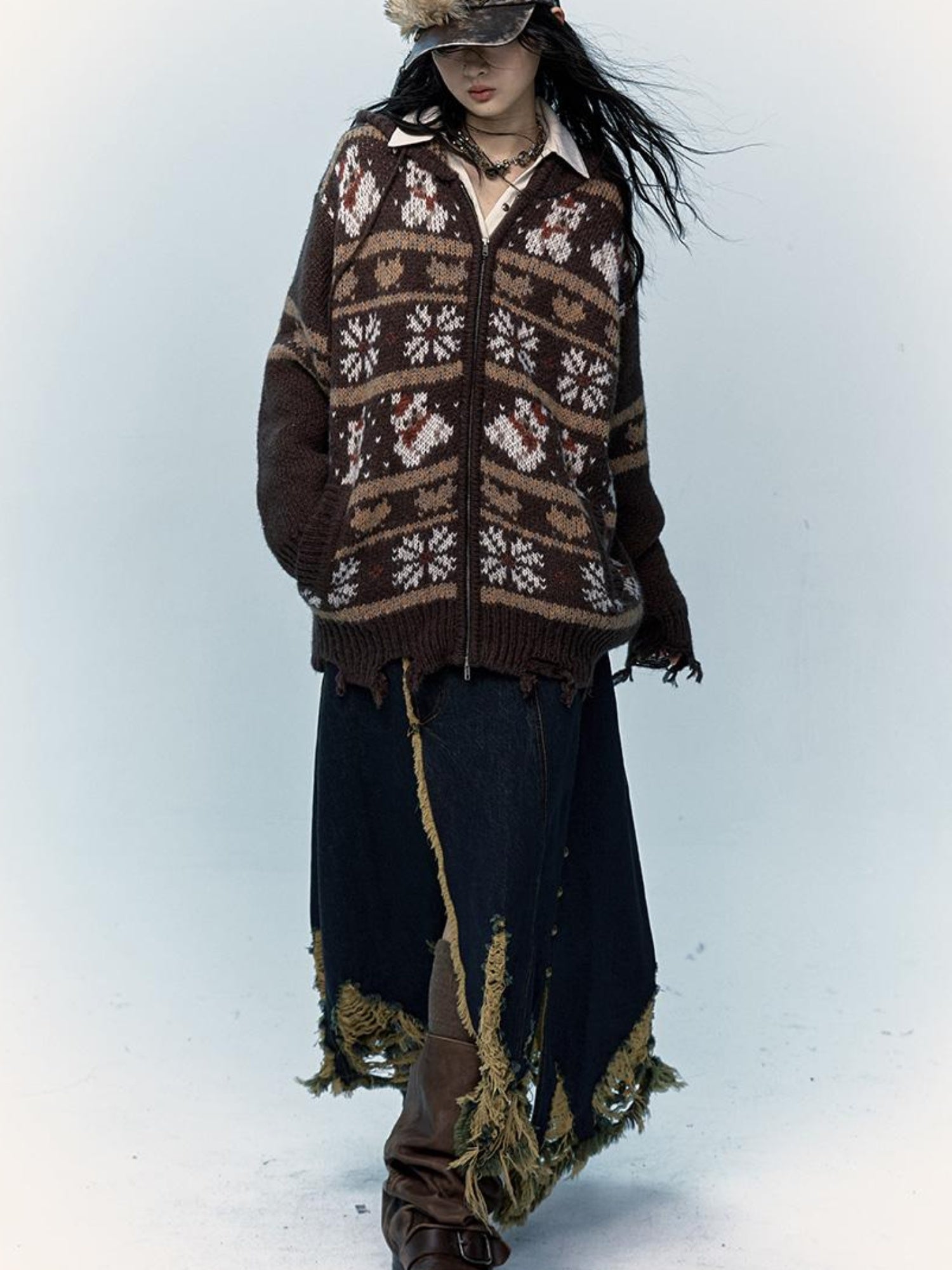 NO ROMANCE Cozy Fair Isle Mohair Wool Knit Cardigan Sweater