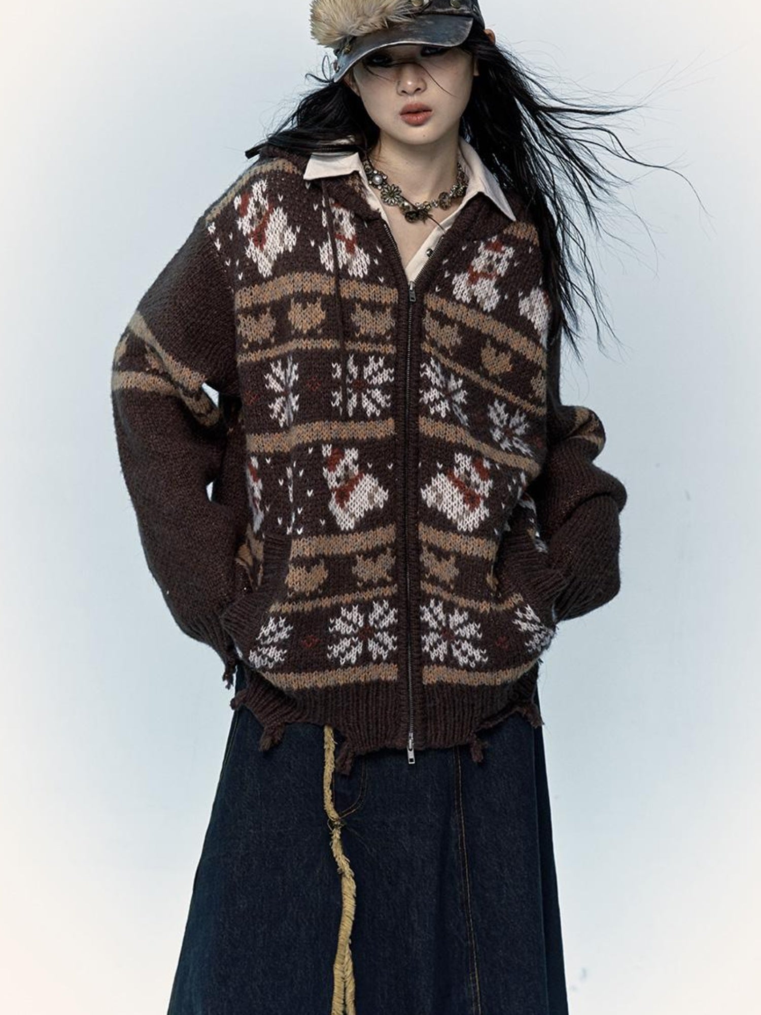 NO ROMANCE Cozy Fair Isle Mohair Wool Knit Cardigan Sweater