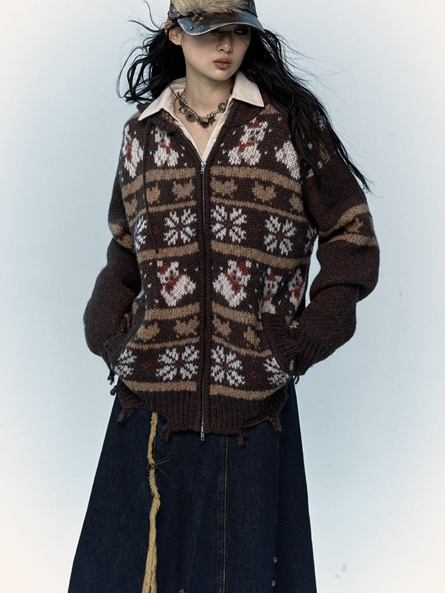 NO ROMANCE Cozy Fair Isle Mohair Wool Knit Cardigan Sweater