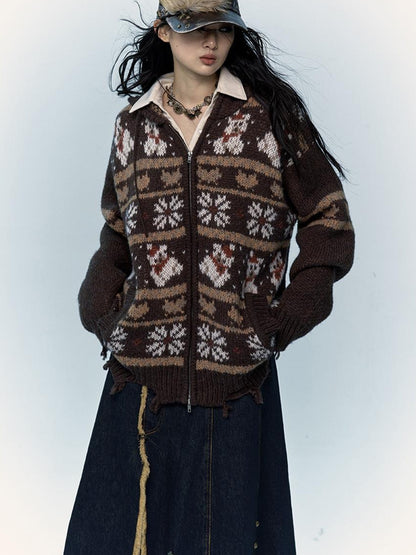NO ROMANCE Cozy Fair Isle Mohair Wool Knit Cardigan Sweater