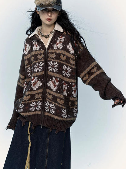 NO ROMANCE Cozy Fair Isle Mohair Wool Knit Cardigan Sweater