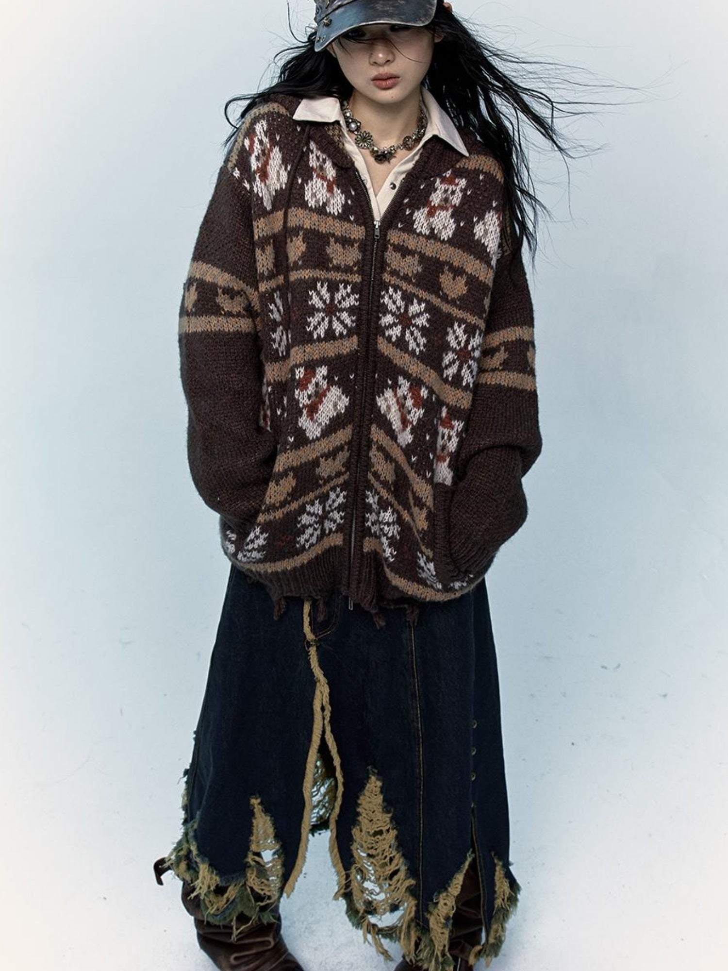 NO ROMANCE Cozy Fair Isle Mohair Wool Knit Cardigan Sweater