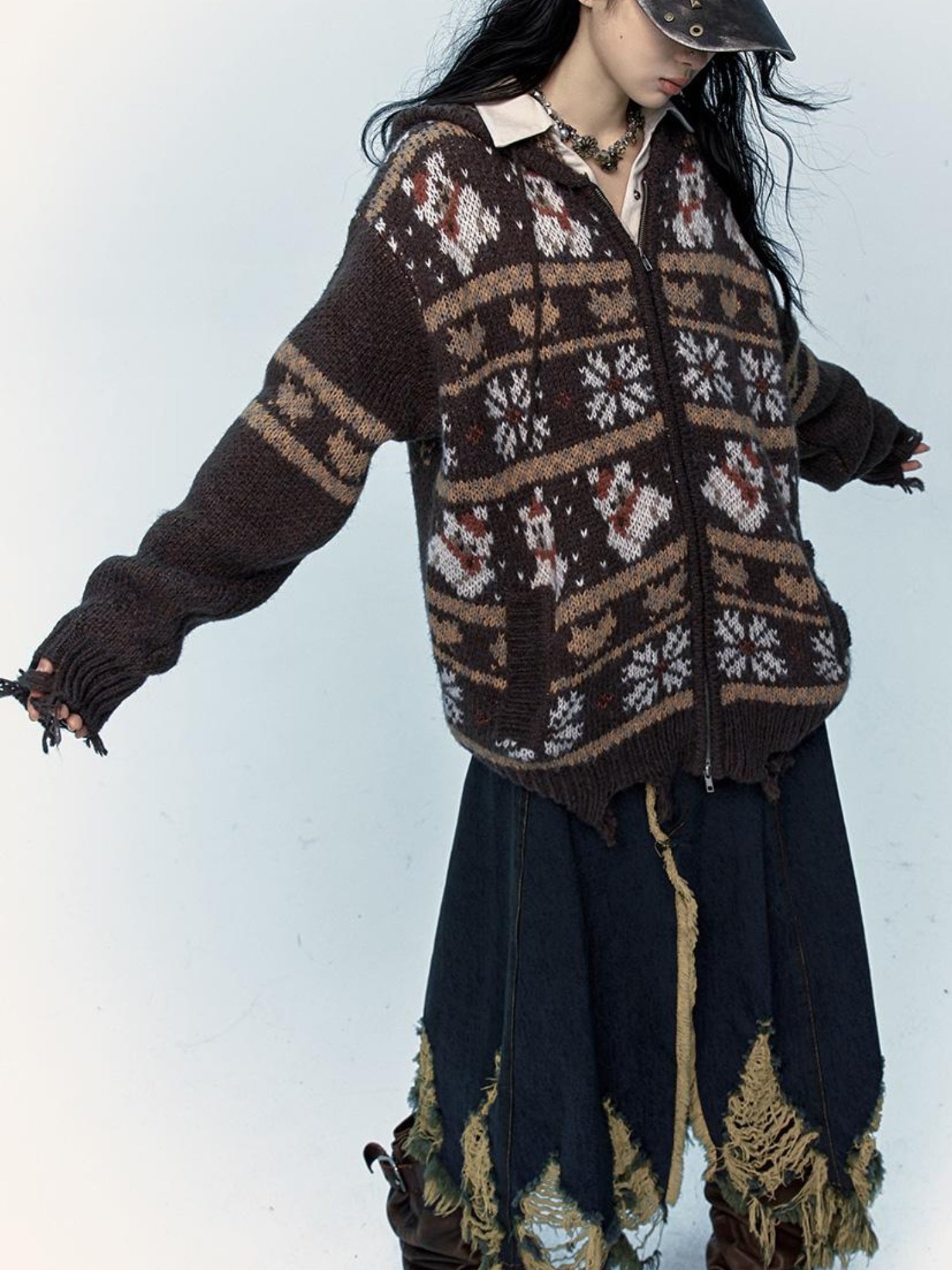 NO ROMANCE Cozy Fair Isle Mohair Wool Knit Cardigan Sweater