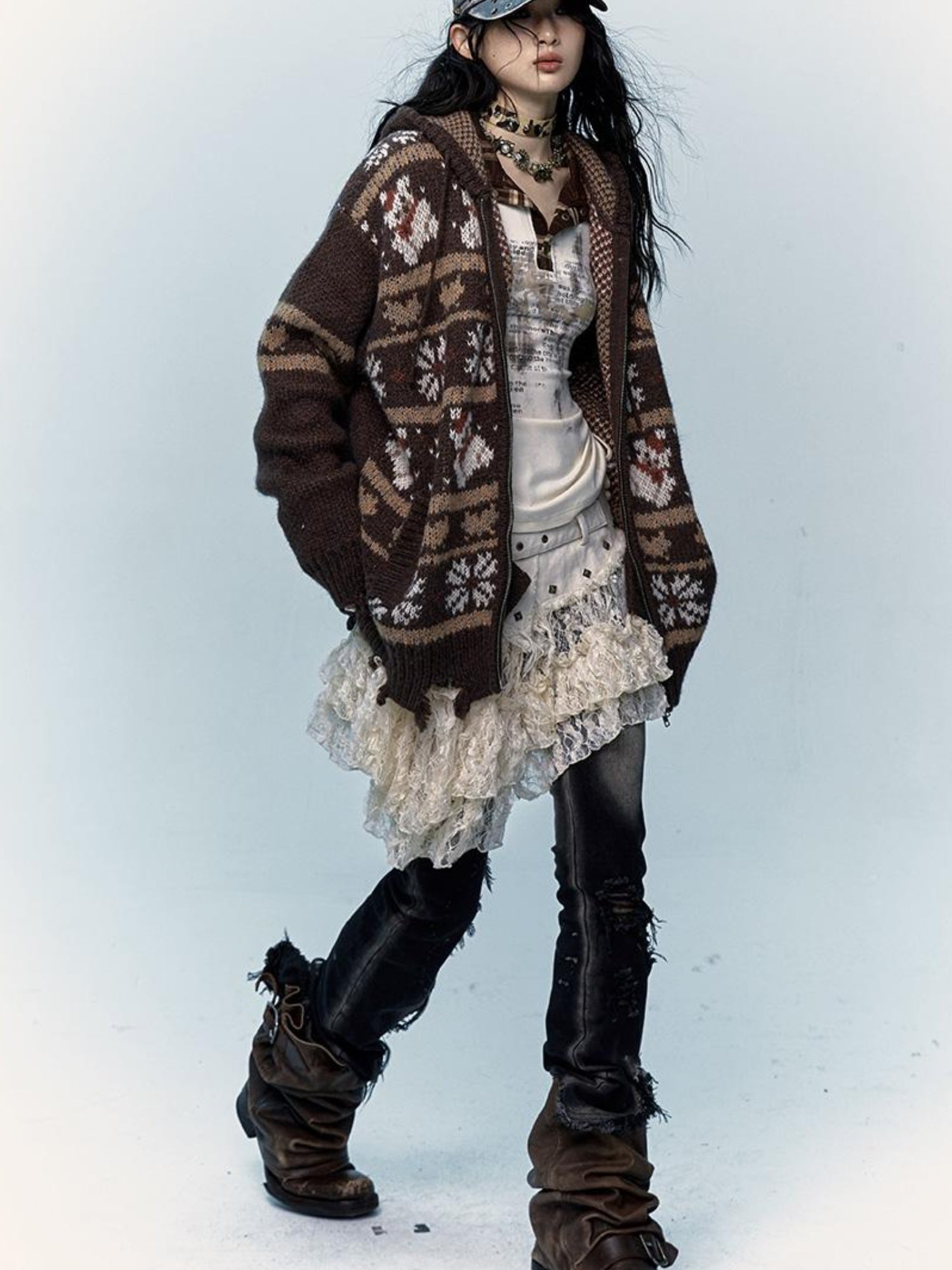 NO ROMANCE Cozy Fair Isle Mohair Wool Knit Cardigan Sweater