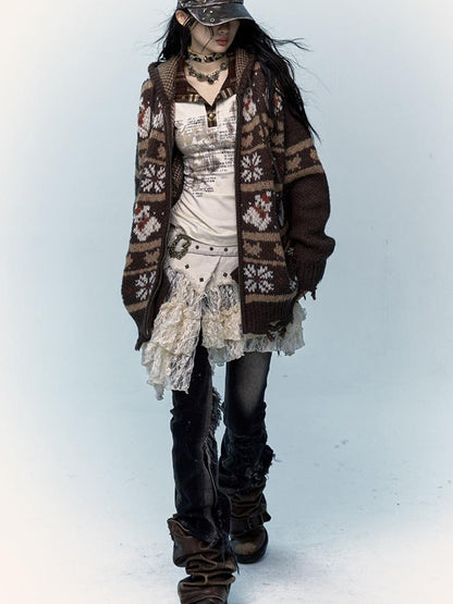 NO ROMANCE Cozy Fair Isle Mohair Wool Knit Cardigan Sweater